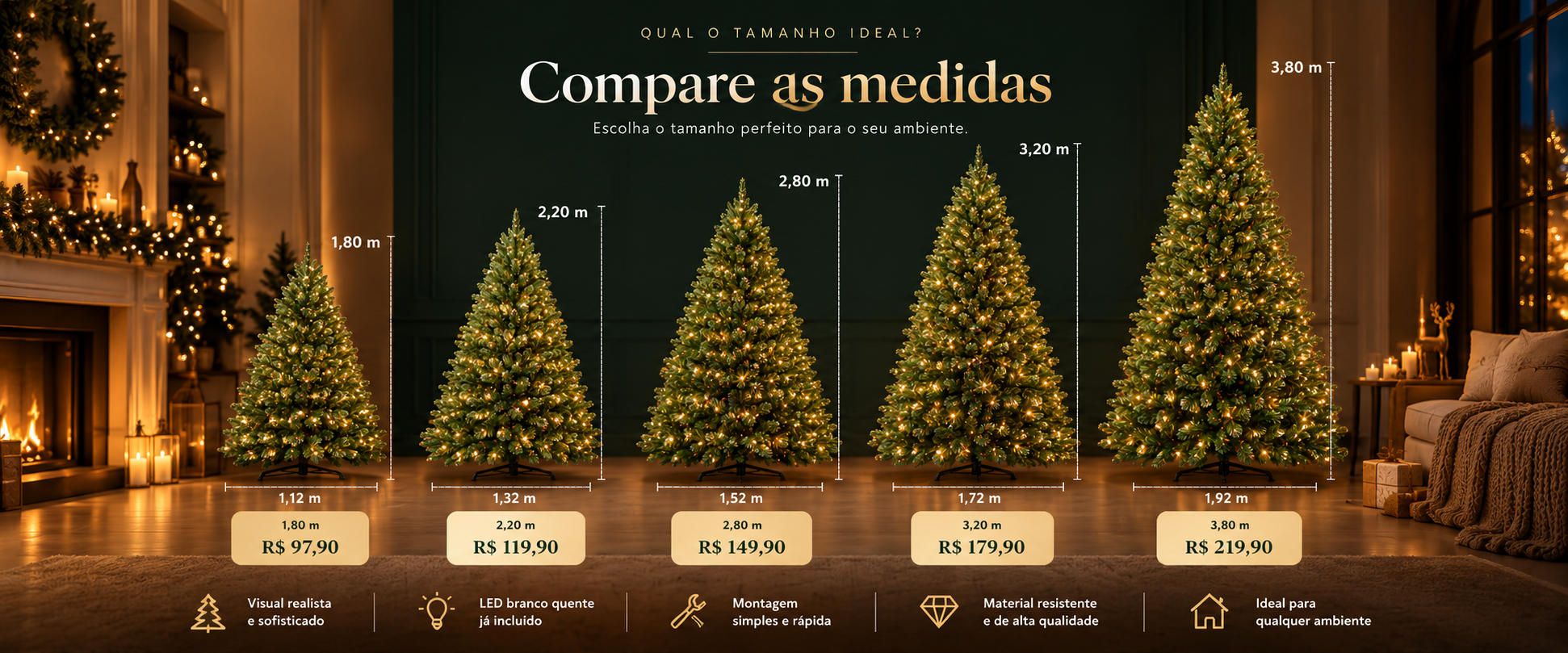 Comparativo ilustrativo das cinco alturas e preços das árvores Natal Especial